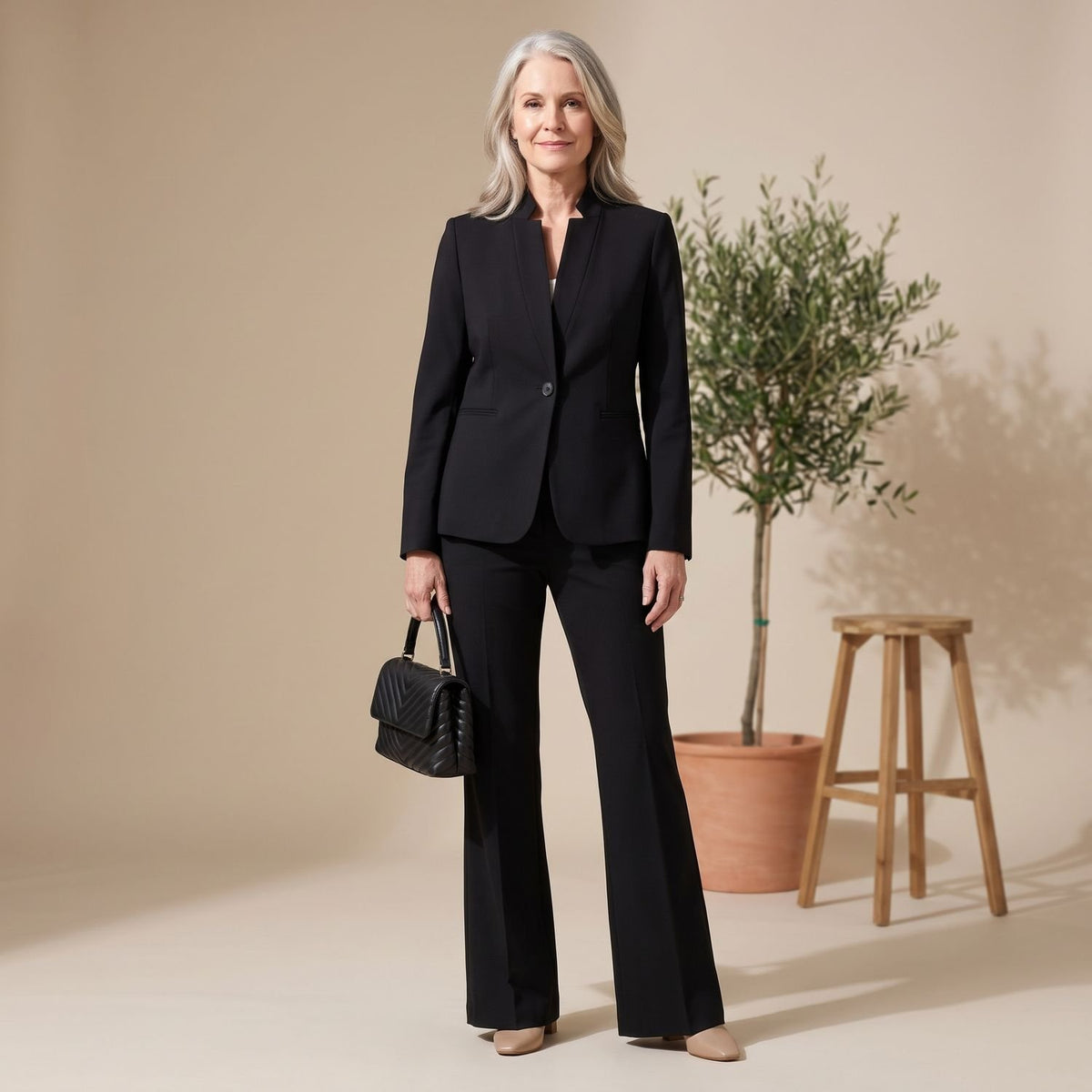 Women's Two Piece Set Stand Collar Single-Button Blazer Wide-Leg Pants - Black