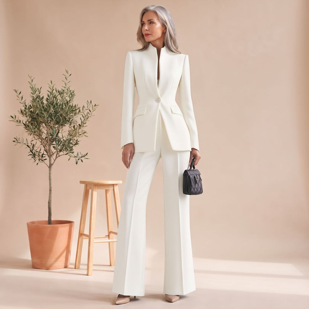 Women's Two Piece Set Stand Collar Single-Button Blazer Wide-Leg Pants - White