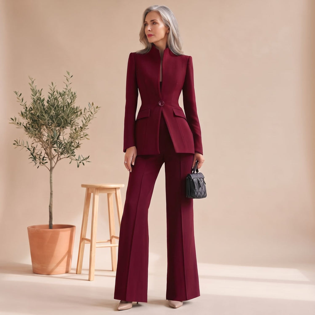 Women's Two Piece Set Stand Collar Single-Button Blazer Wide-Leg Pants - Red