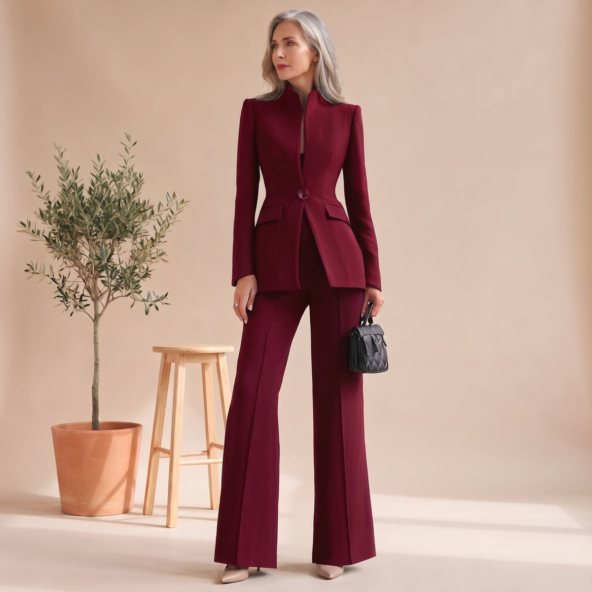 Women's Two Piece Set Stand Collar Single-Button Blazer Wide-Leg Pants - Red