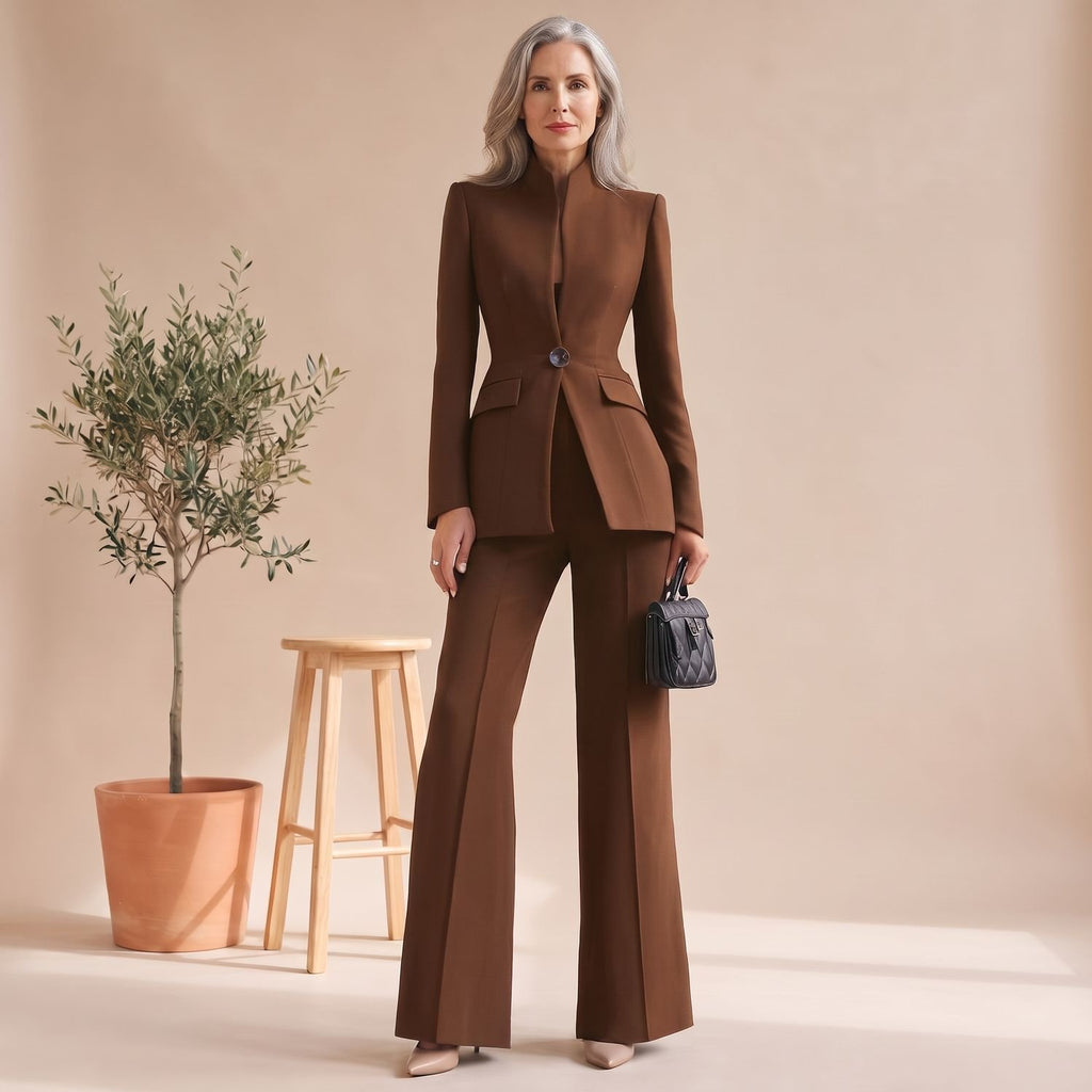 Women's Two Piece Set Stand Collar Single-Button Blazer Wide-Leg Pants - Brown