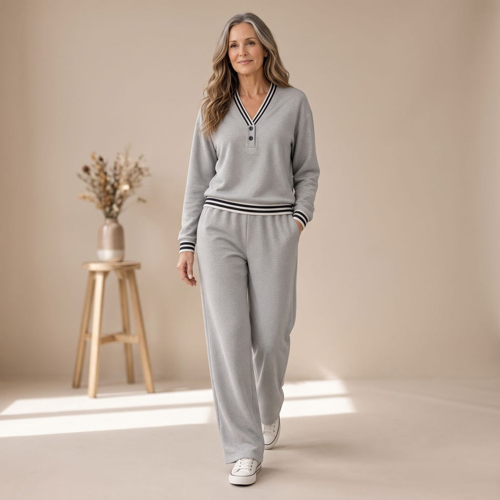 Women's Two Piece Set Wide-Leg Striped-Trim V-Neck Matching Lounge Suit - Gray