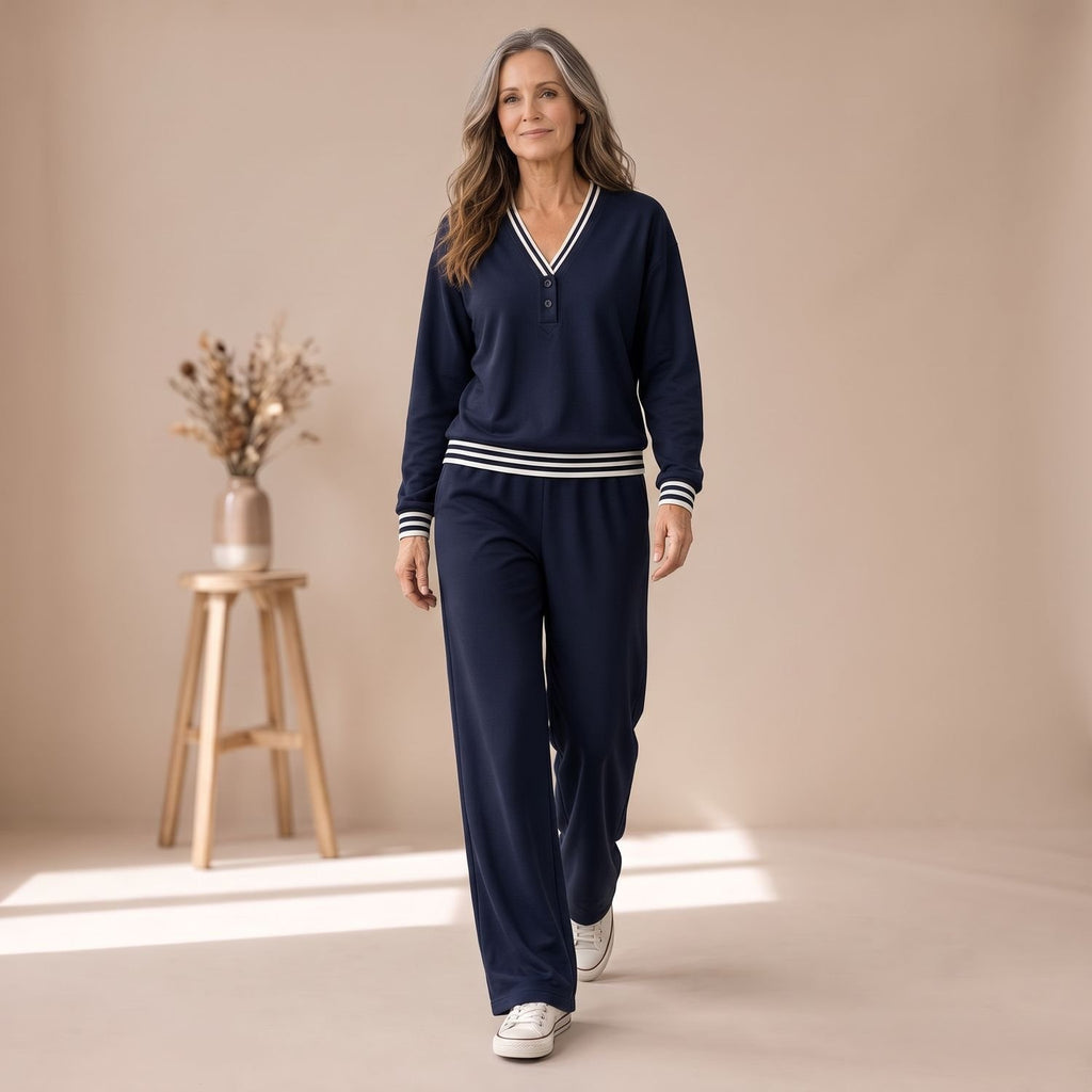 Women's Two Piece Set Wide-Leg Striped-Trim V-Neck Matching Lounge Suit - Blue