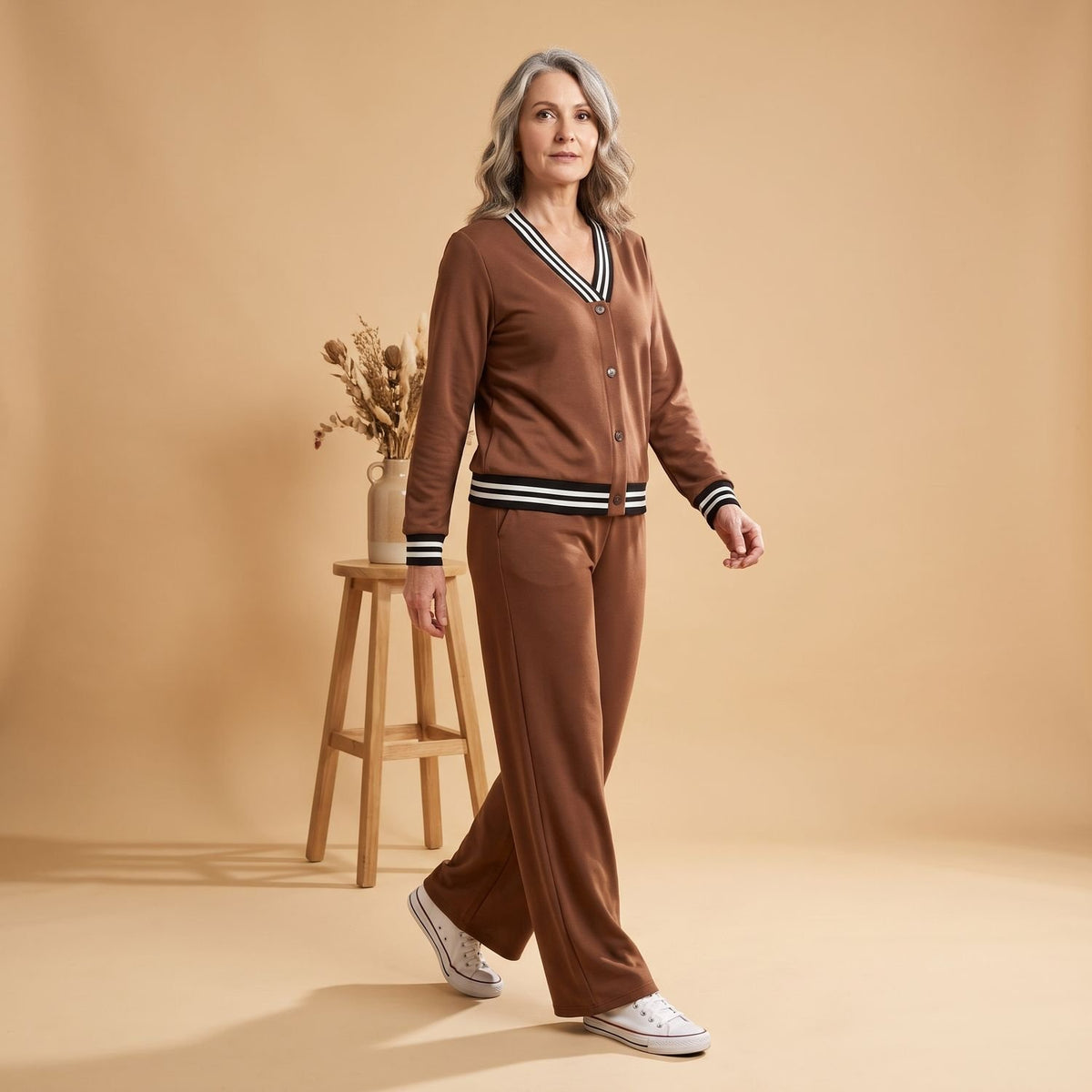 Women's Two Piece Set Wide-Leg Striped-Trim V-Neck Matching Lounge Suit - Brown