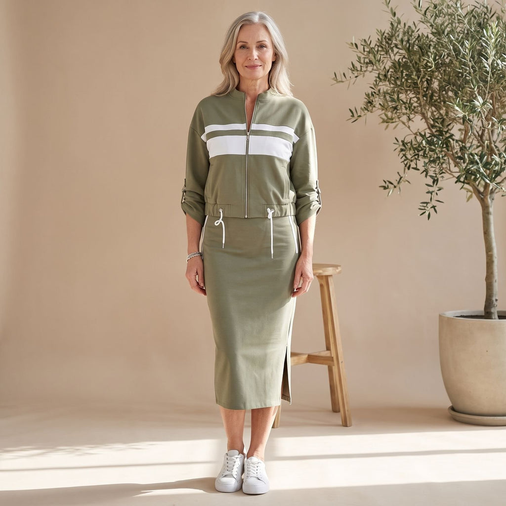 Women's Two Piece Set Zip-Up Jacket Midi Skirt Coord - Green