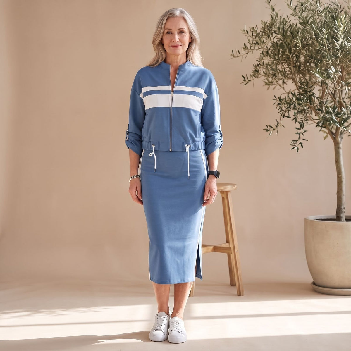 Women's Two Piece Set Zip-Up Jacket Midi Skirt Coord - Blue