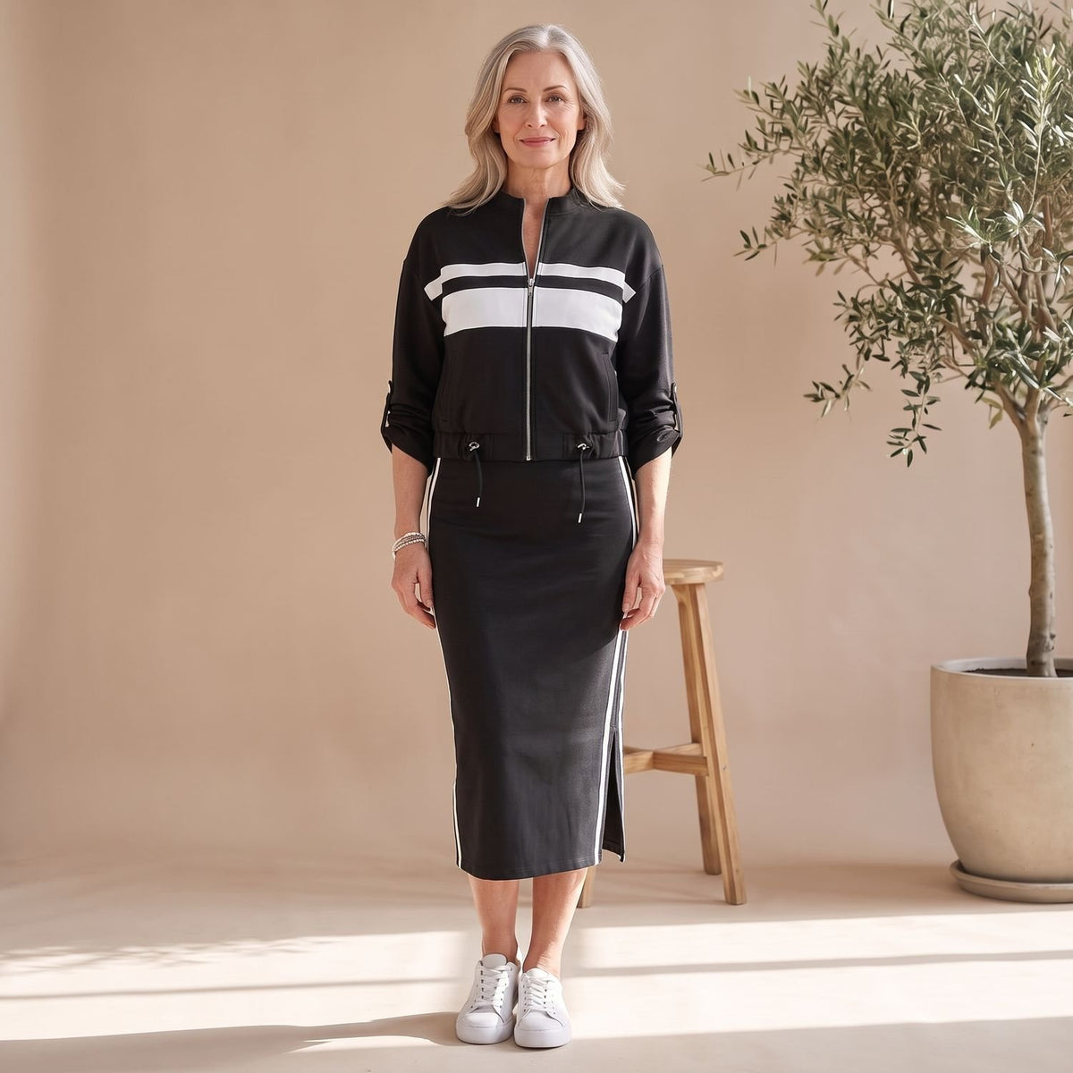 Women's Two Piece Set Zip-Up Jacket Midi Skirt Coord - Black