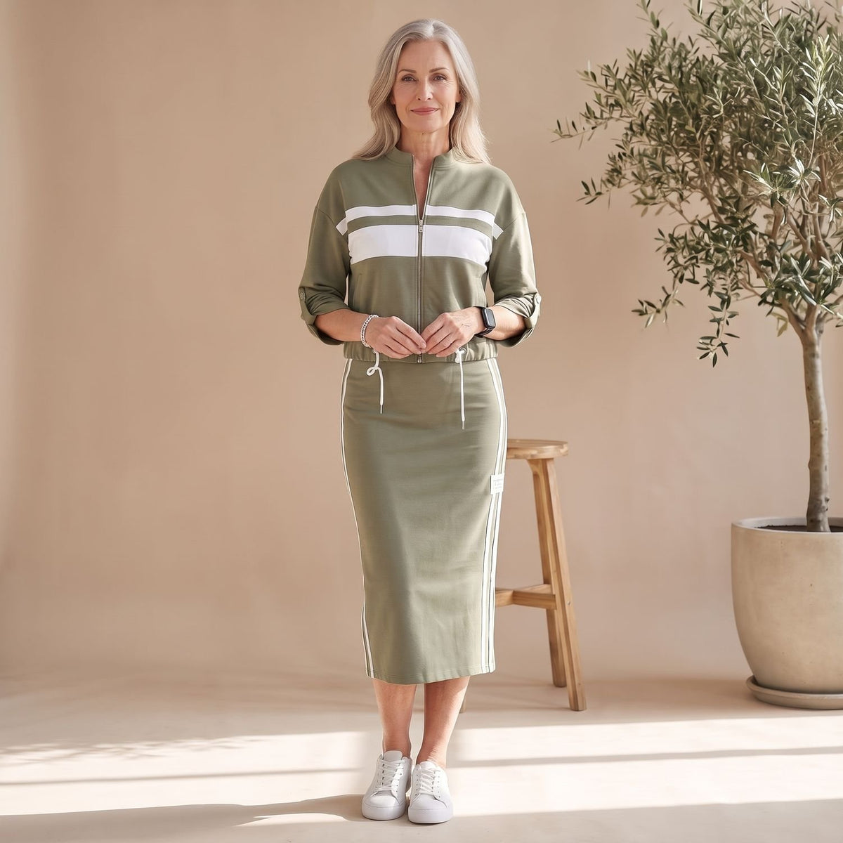Women's Two Piece Set Zip-Up Jacket Midi Skirt Coord