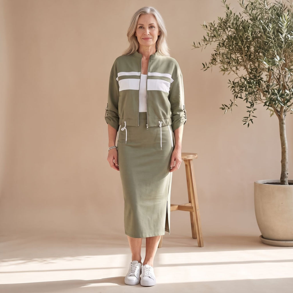 Women's Two Piece Set Zip-Up Jacket Midi Skirt Coord