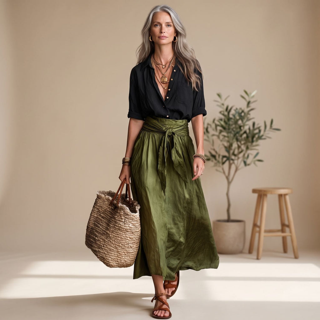 Women's Two Piece Skirt Set High-Waist Tie-Belt Midi Coord - Black and Green