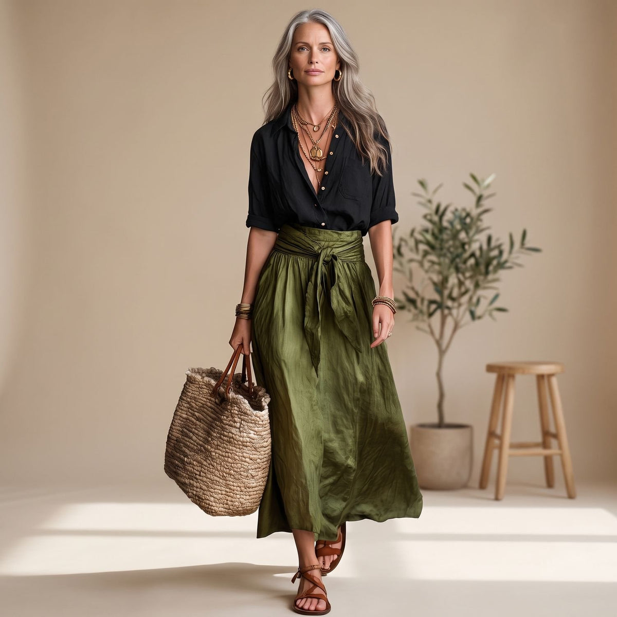 Women's Two Piece Skirt Set High-Waist Tie-Belt Midi Coord - Black and Green
