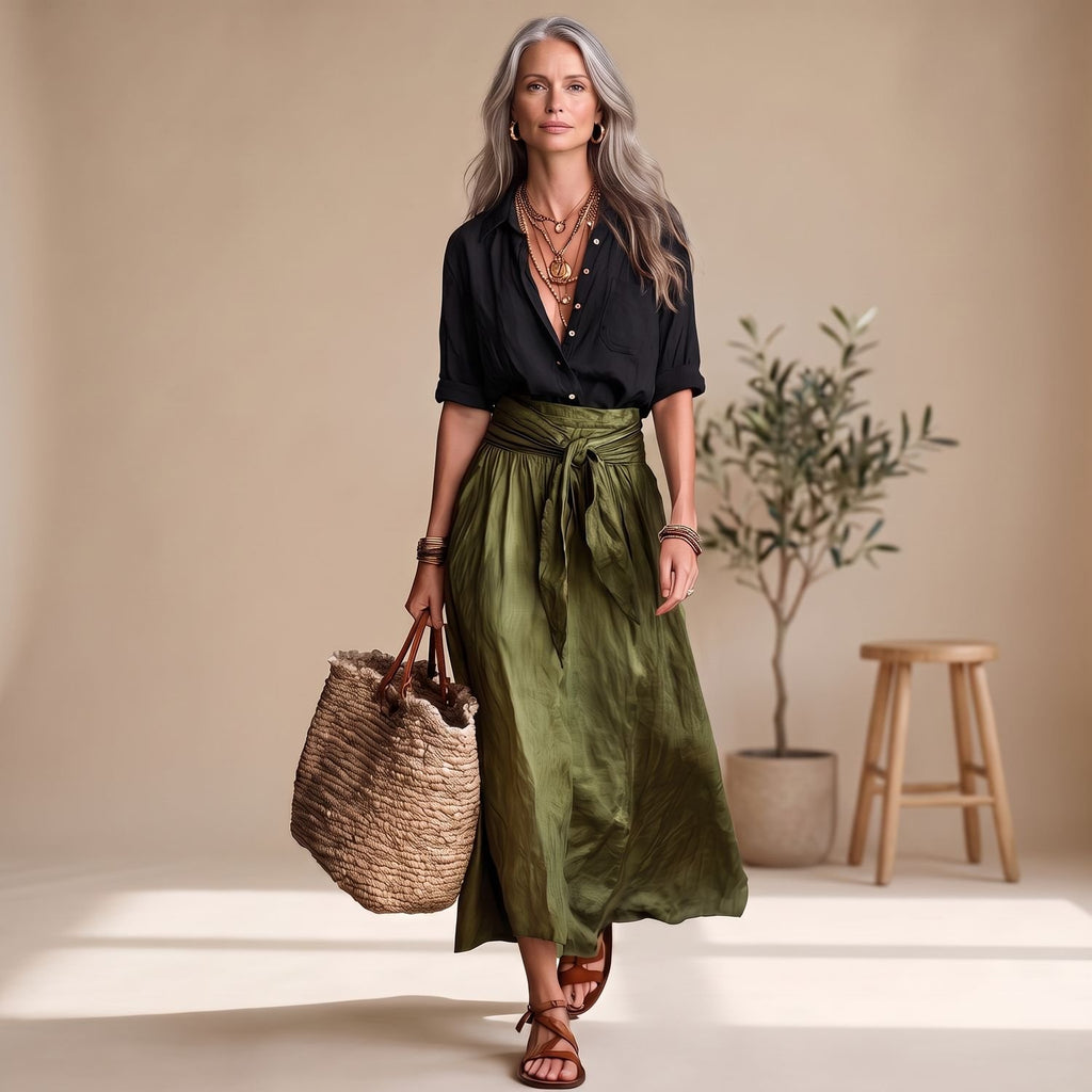 Women's Two Piece Skirt Set High-Waist Tie-Belt Midi Coord