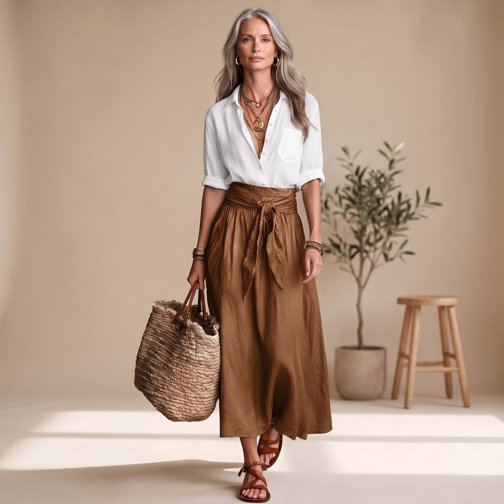 Women's Two Piece Skirt Set High-Waist Tie-Belt Midi Coord - Brown