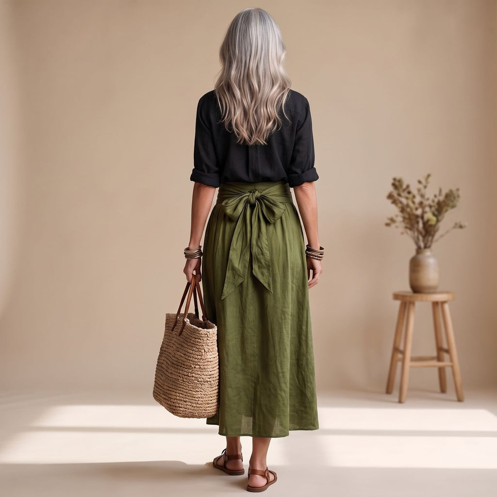 Women's Two Piece Skirt Set High-Waist Tie-Belt Midi Coord