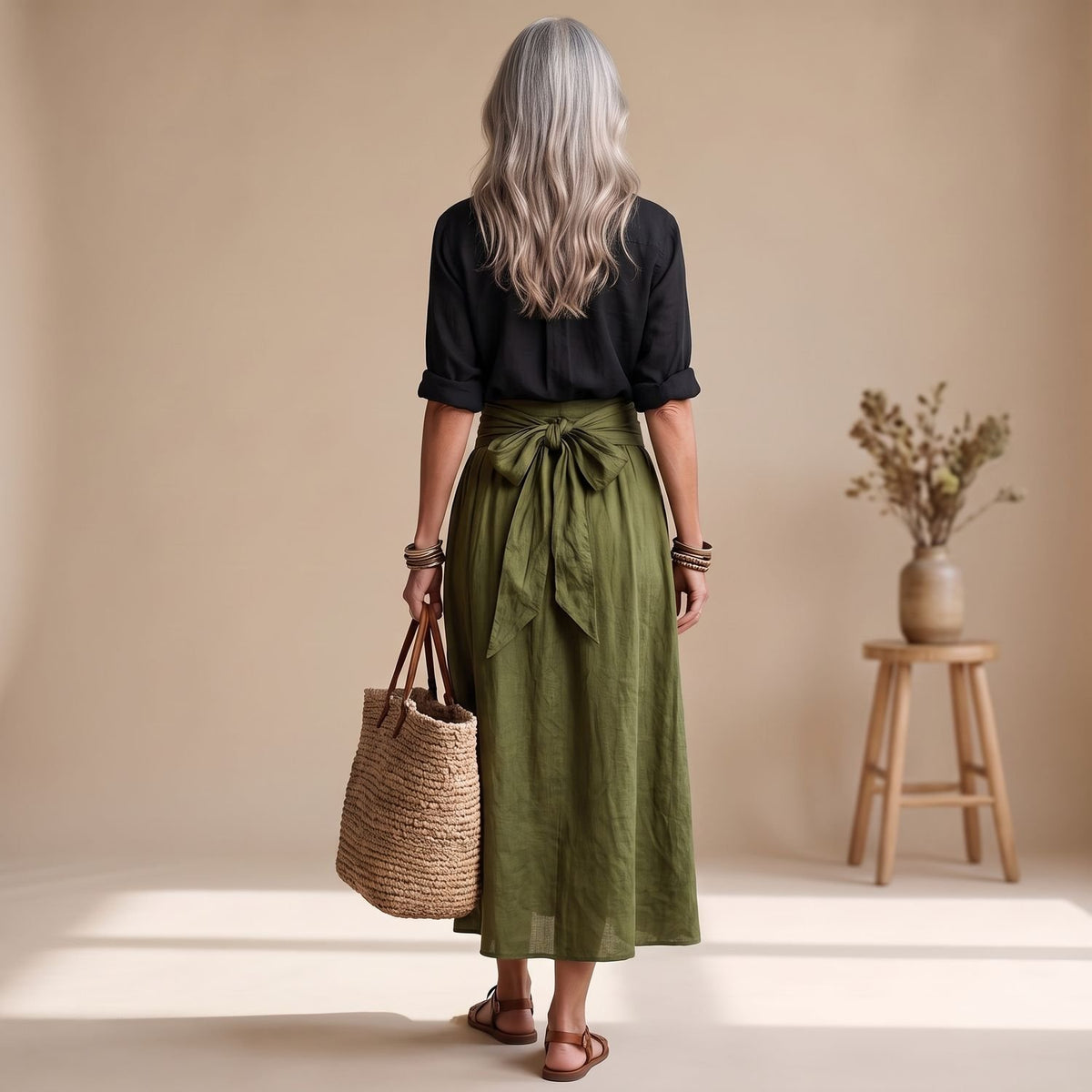 Women's Two Piece Skirt Set High-Waist Tie-Belt Midi Coord