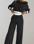 Women's Two-Piece Wide-Leg Tracksuit Pants Cropped Hoodie Set - Black