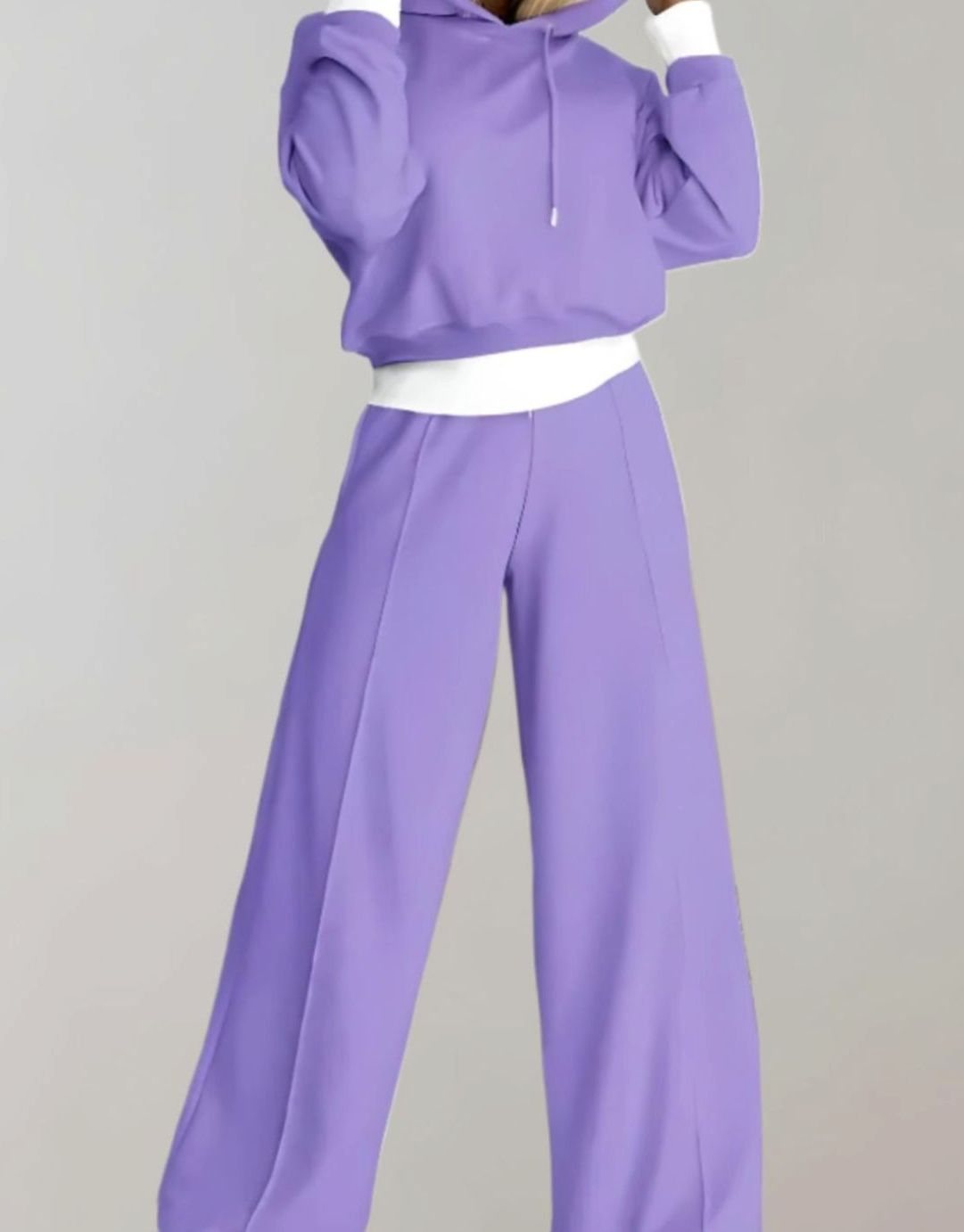 Women's Two-Piece Wide-Leg Tracksuit Pants Cropped Hoodie Set - Purple