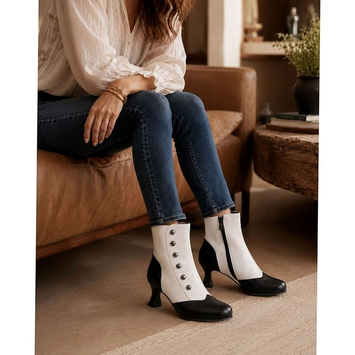 Women's Two-Tone Vintage Button-Detail Spool-Heel Ankle Boots
