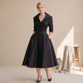 Women's V-Neck 3/4 Sleeve Flared Midi Dress Pockets - Black