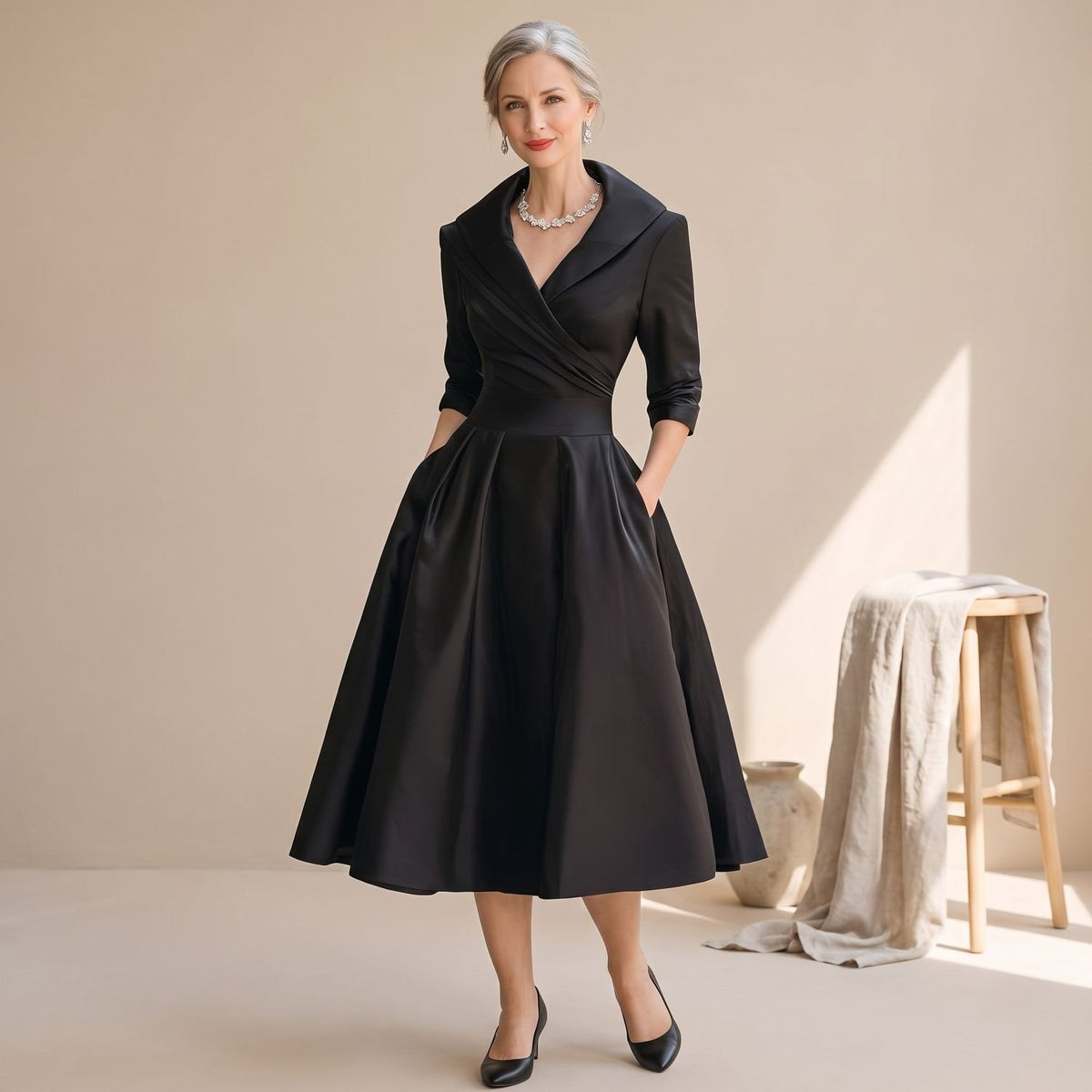 Women's V-Neck 3/4 Sleeve Flared Midi Dress Pockets - Black