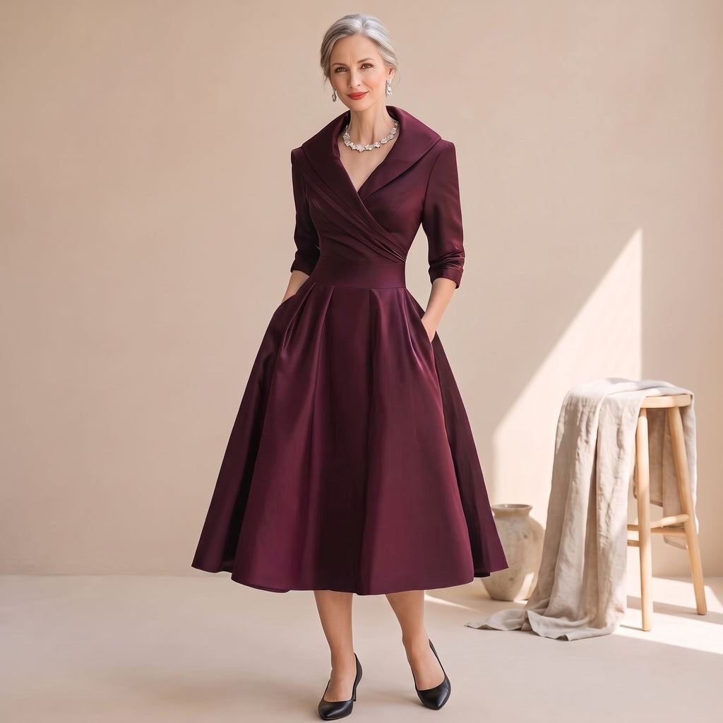 Women's V-Neck 3/4 Sleeve Flared Midi Dress Pockets - Dark Red