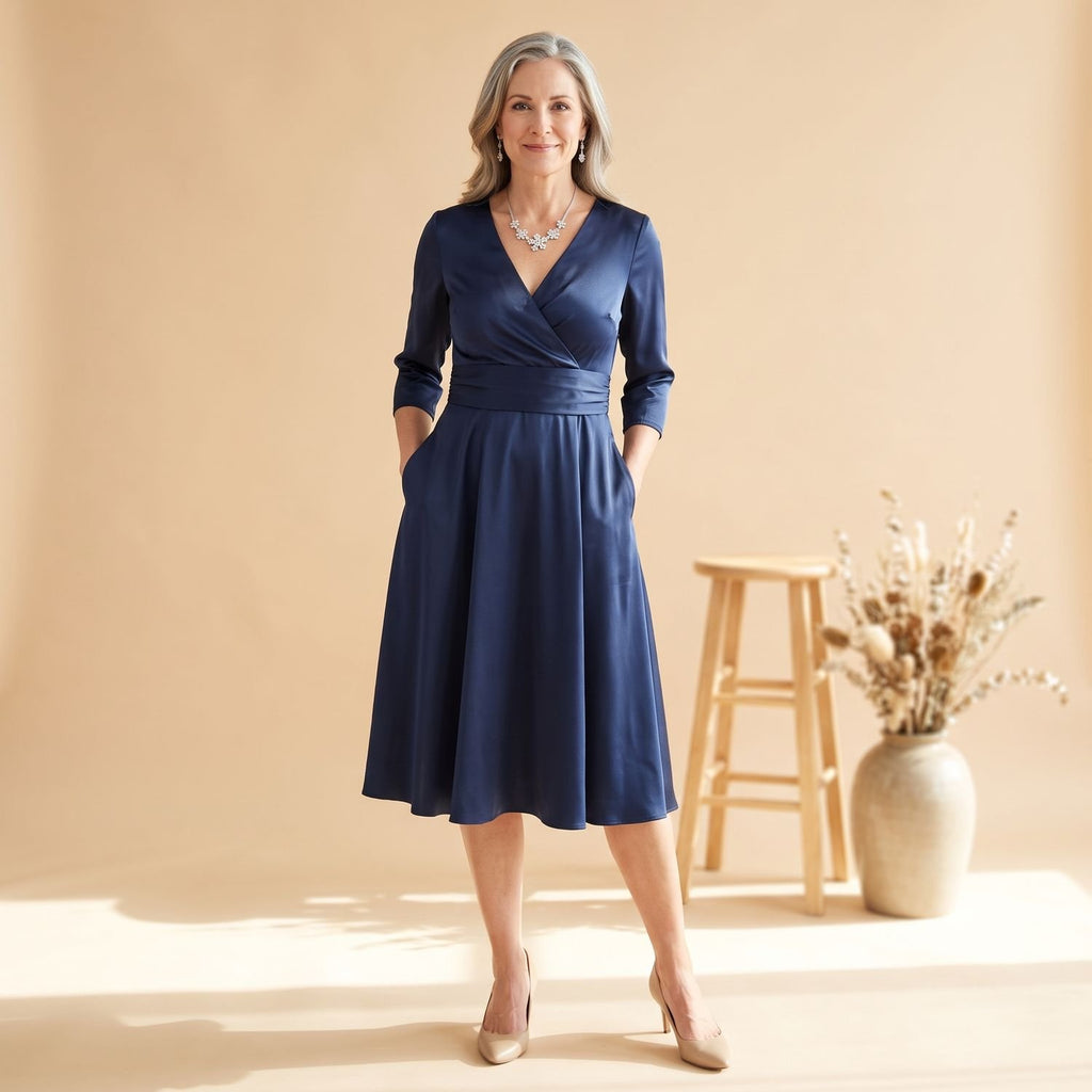 Women's V-Neck 3/4 Sleeve Flared Midi Dress Pockets - Navy Blue