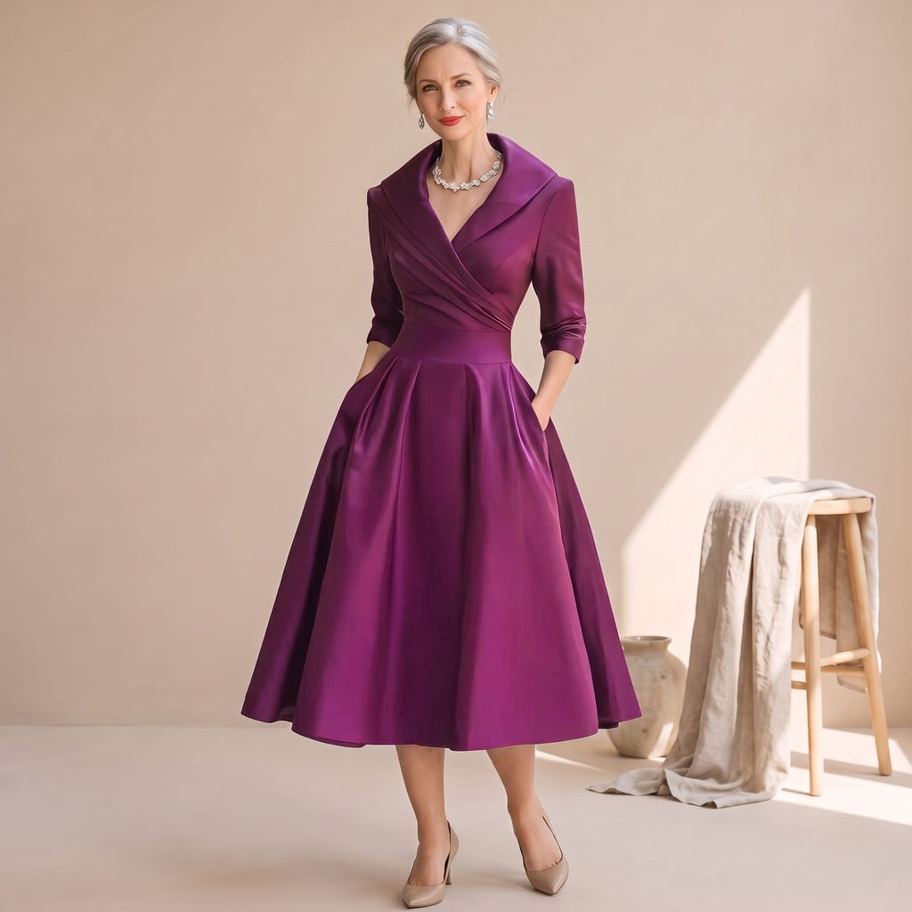 Women's V-Neck 3/4 Sleeve Flared Midi Dress Pockets - Purple