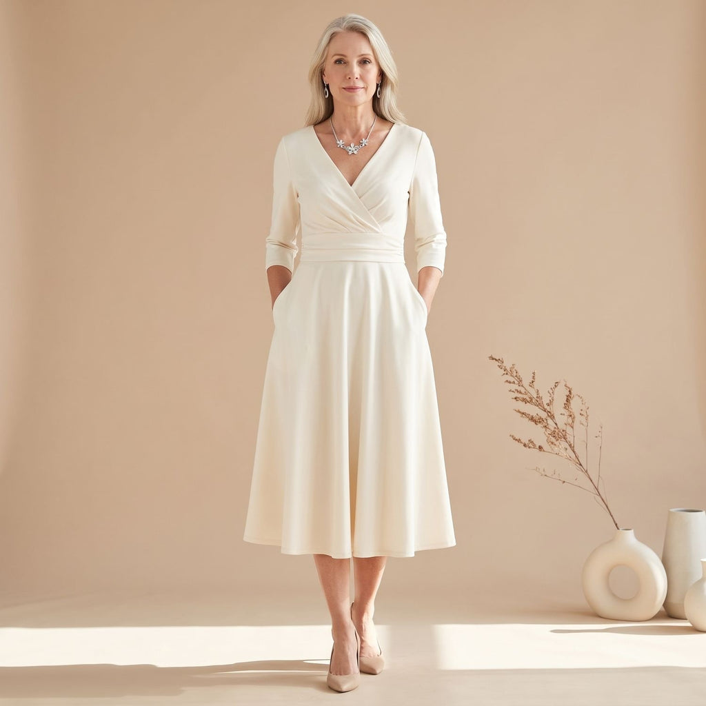 Women's V-Neck 3/4 Sleeve Flared Midi Dress Pockets - Beige