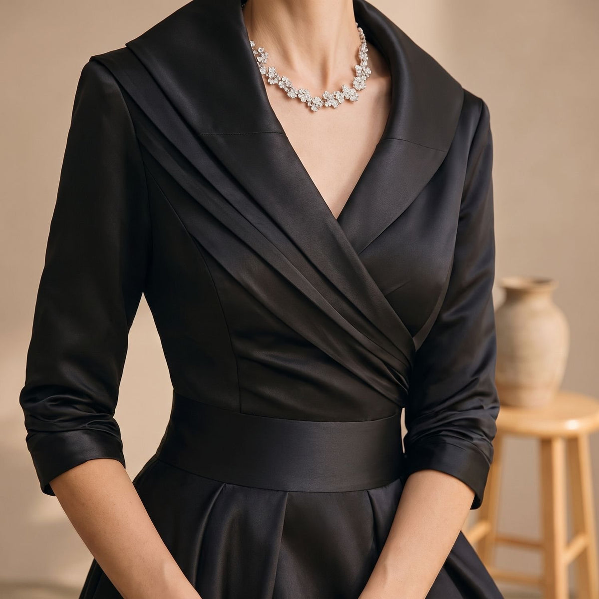 Women's V-Neck 3/4 Sleeve Flared Midi Dress Pockets