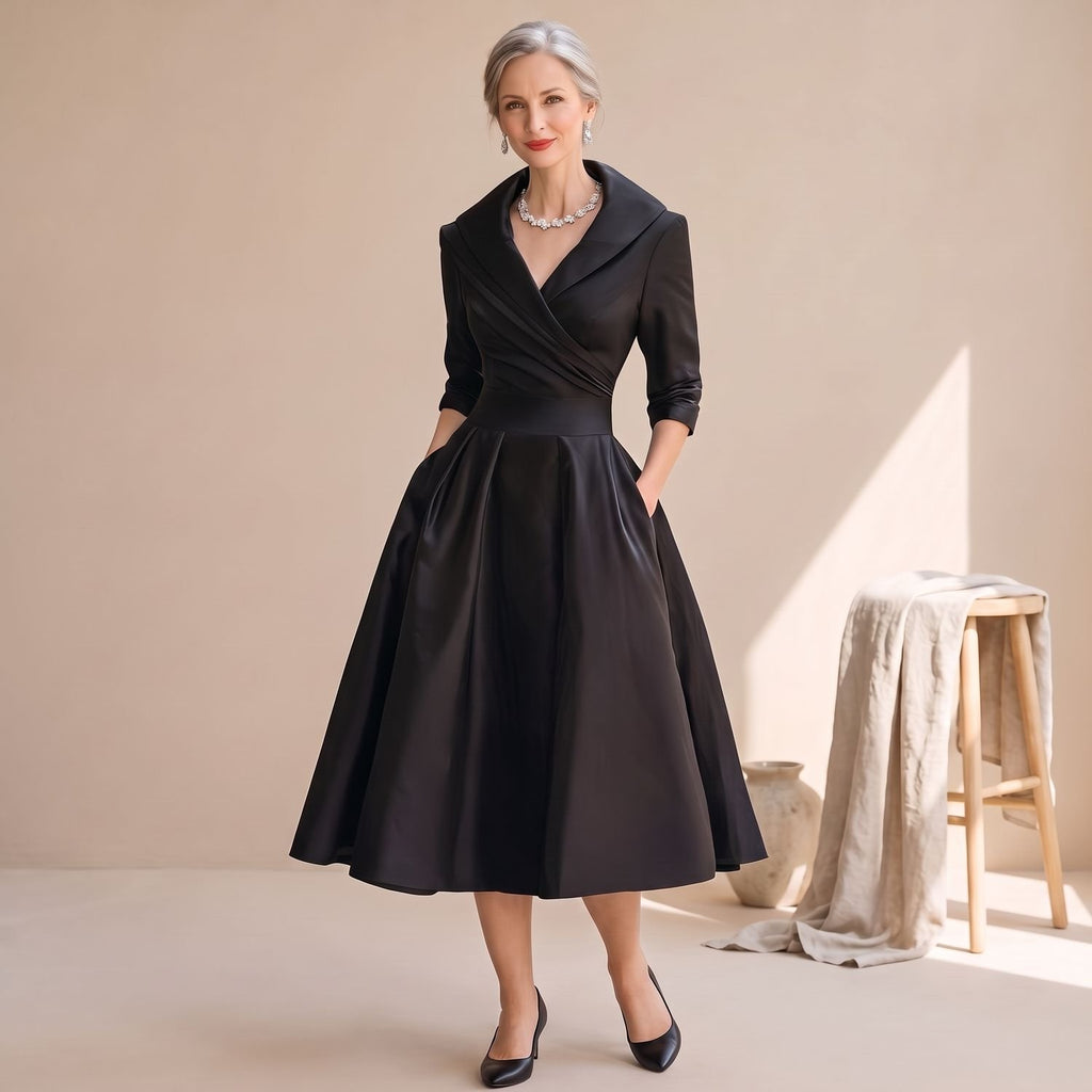 Women's V-Neck 3/4 Sleeve Flared Midi Dress Pockets