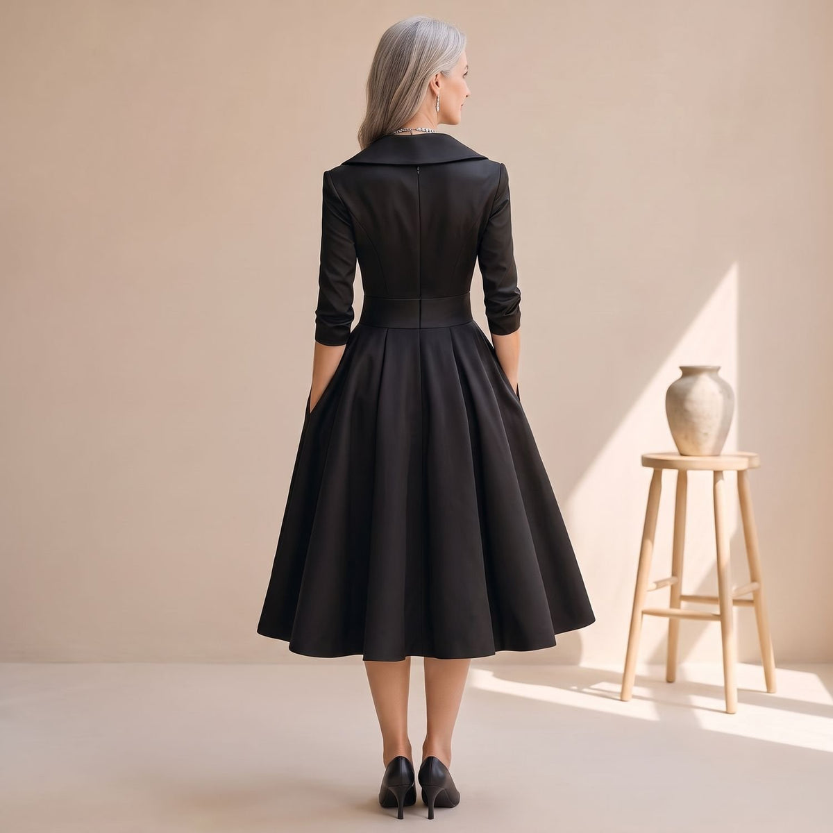 Women's V-Neck 3/4 Sleeve Flared Midi Dress Pockets