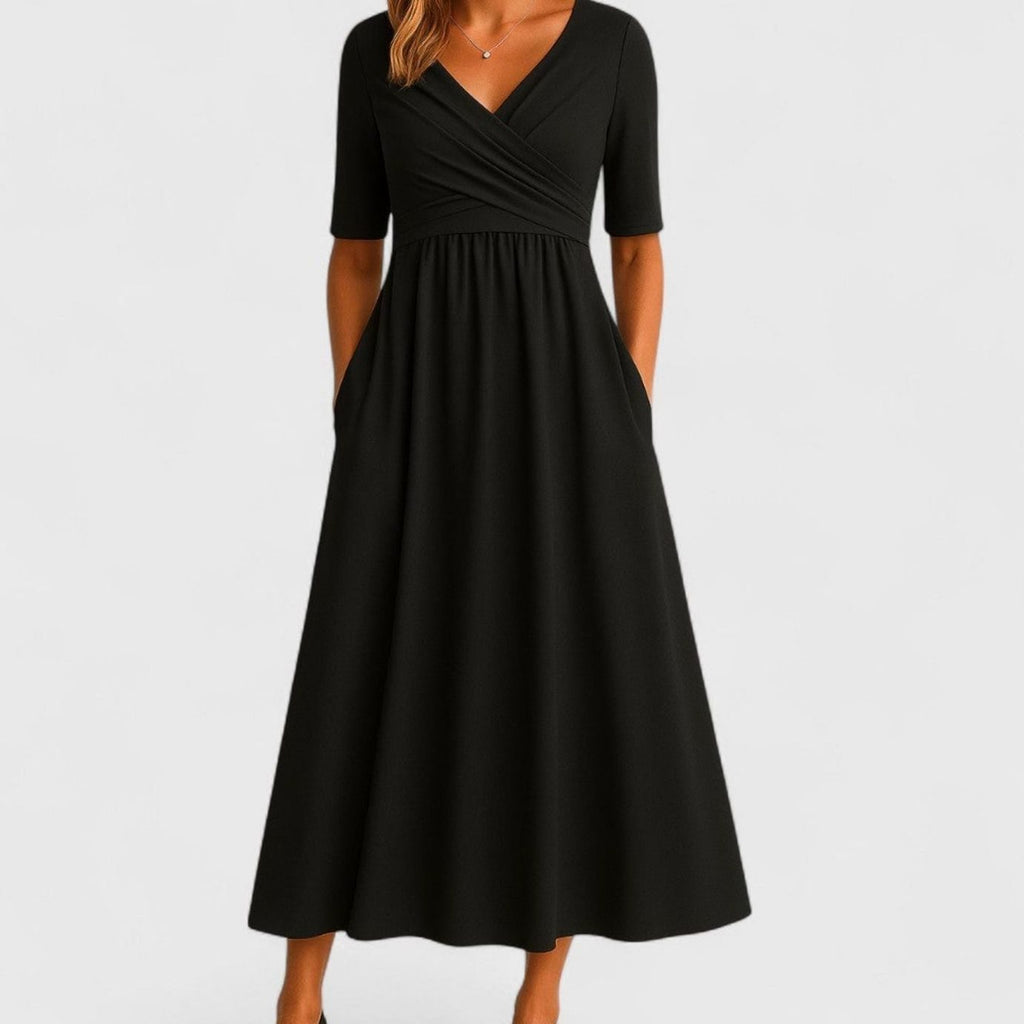 Women's V-Neck A-Line Midi Summer Dress Short Sleeve Ruched Waist - Black