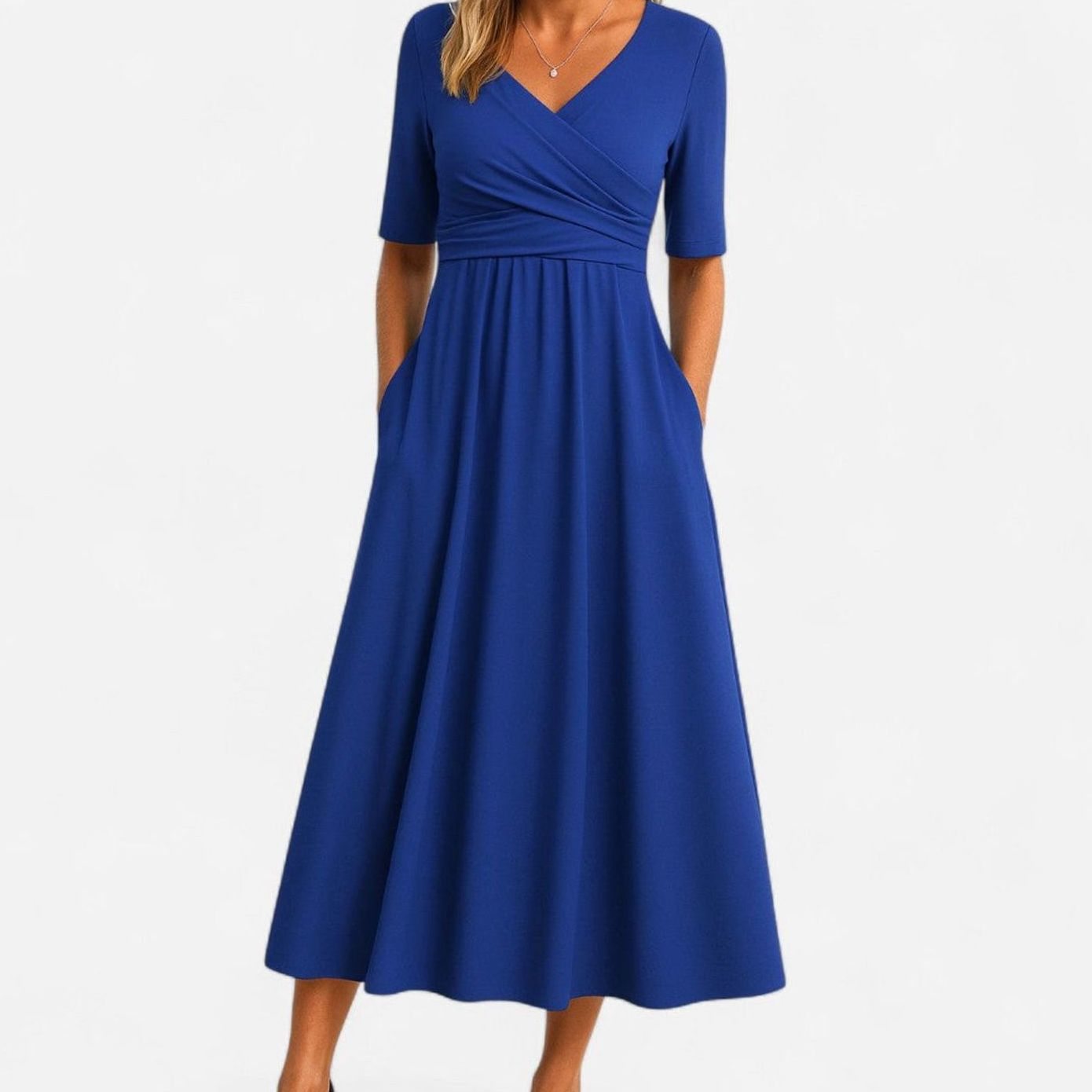 Women's V-Neck A-Line Midi Summer Dress Short Sleeve Ruched Waist - Blue