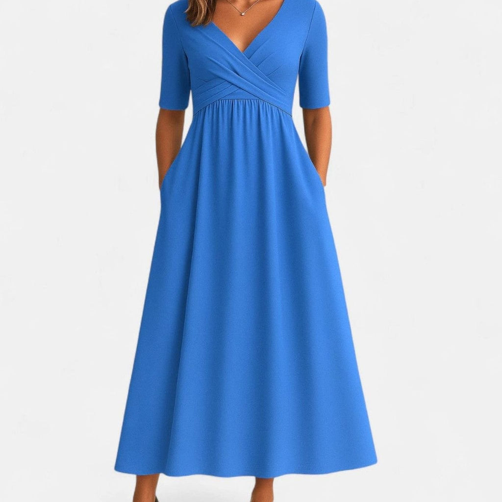 Women's V-Neck A-Line Midi Summer Dress Short Sleeve Ruched Waist - Azure