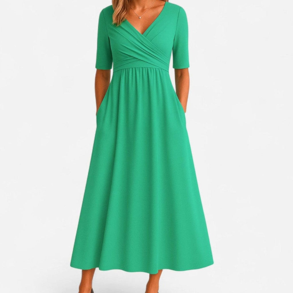 Women's V-Neck A-Line Midi Summer Dress Short Sleeve Ruched Waist - Green