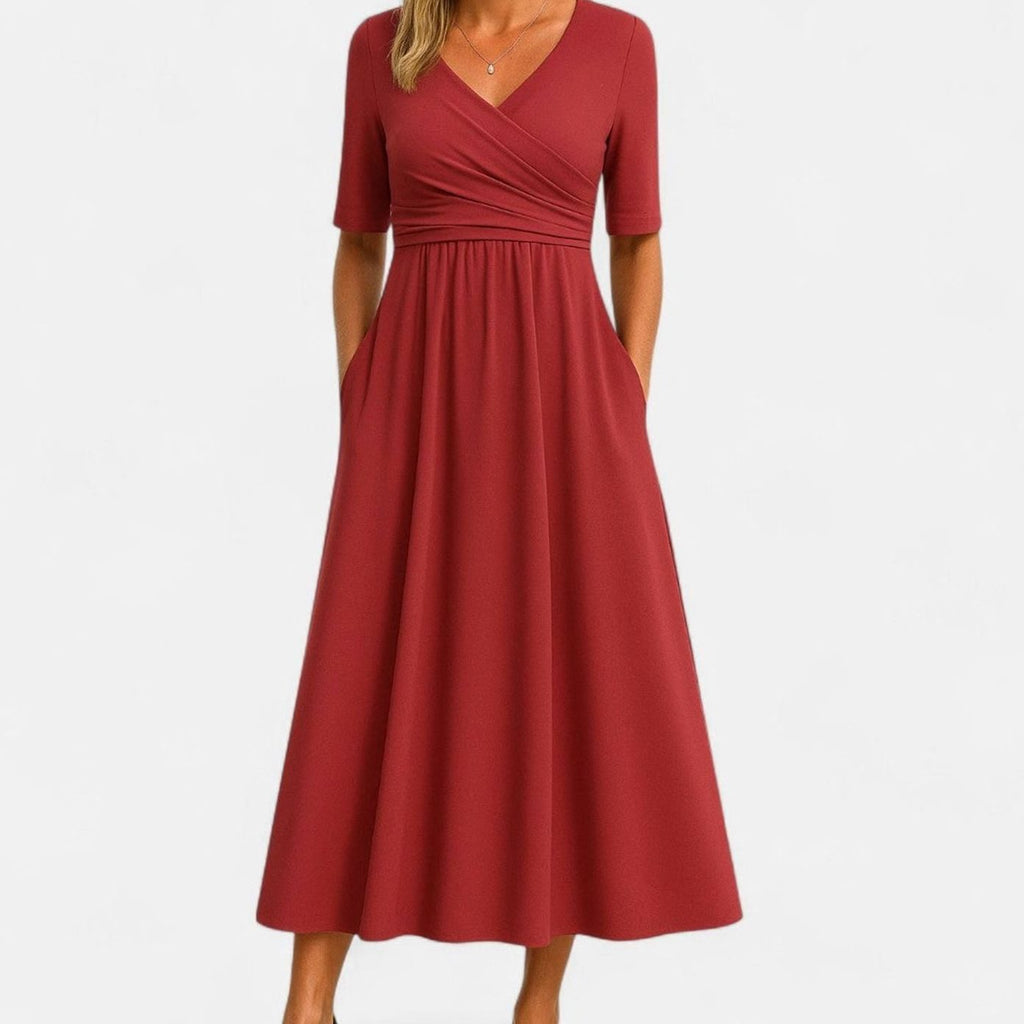 Women's V-Neck A-Line Midi Summer Dress Short Sleeve Ruched Waist - Red