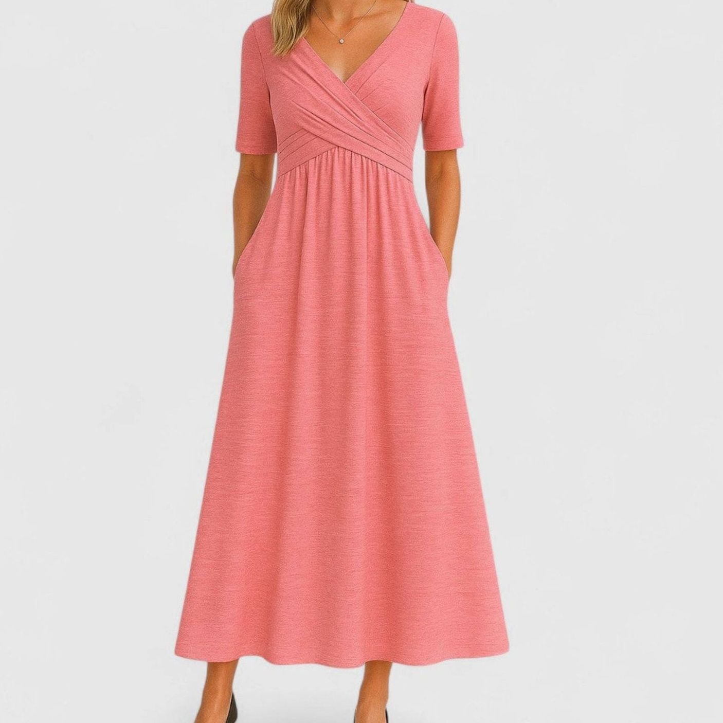 Women's V-Neck A-Line Midi Summer Dress Short Sleeve Ruched Waist - Pink
