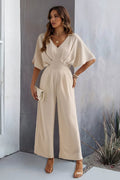 Women's V-Neck Batwing-Sleeve Cinched-Waist Wide-Leg Jumpsuit