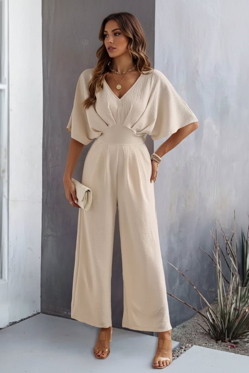 Women's V-Neck Batwing-Sleeve Cinched-Waist Wide-Leg Jumpsuit
