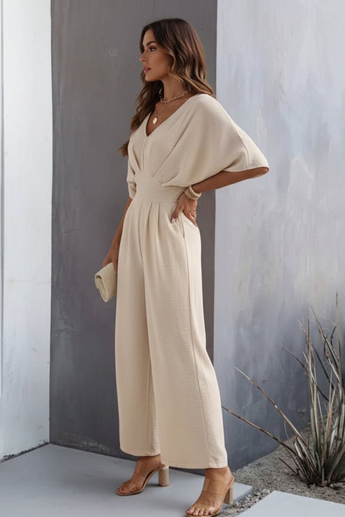 Women's V-Neck Batwing-Sleeve Cinched-Waist Wide-Leg Jumpsuit