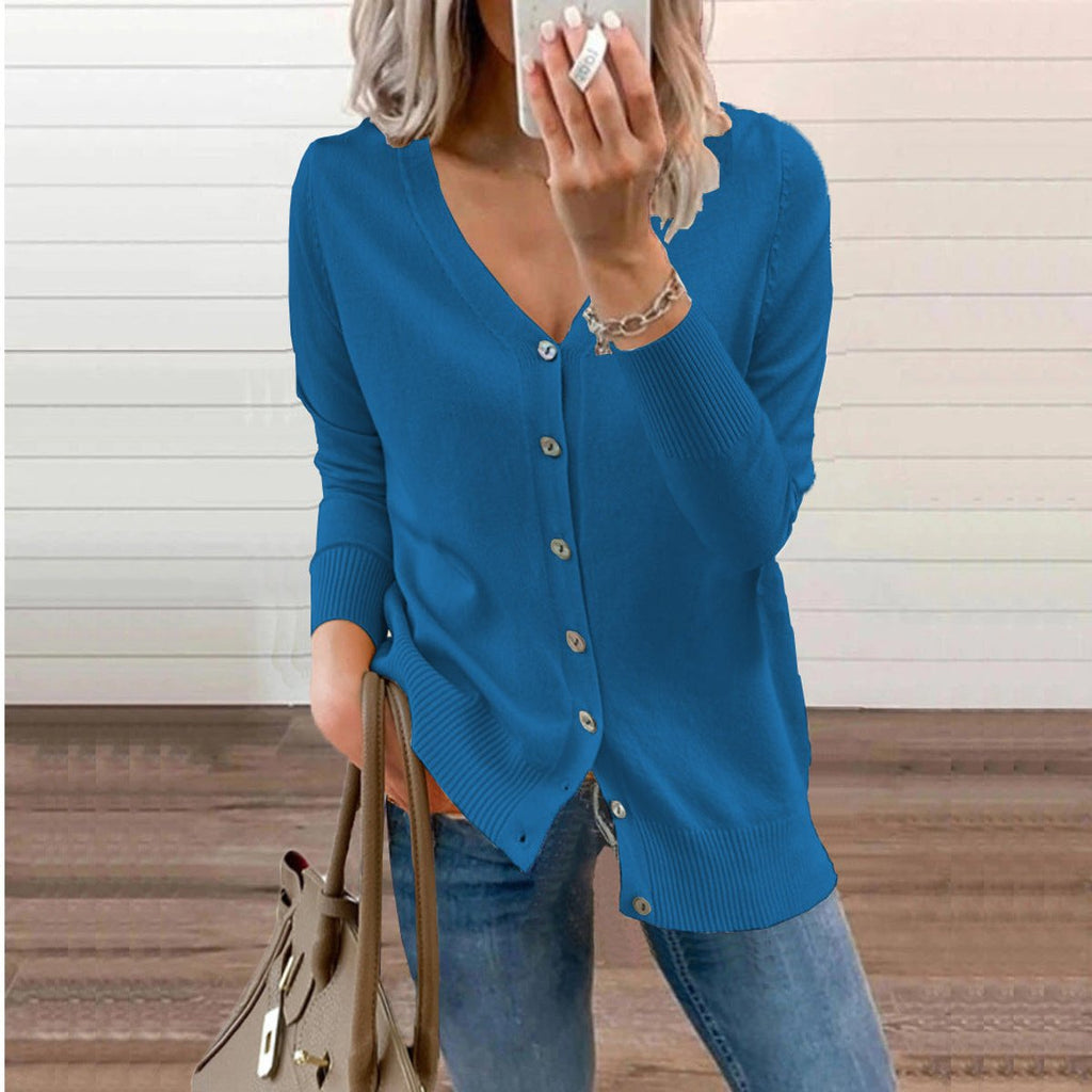 Women's V-Neck Button-Front Long Sleeve Knit Cardigan - Blue