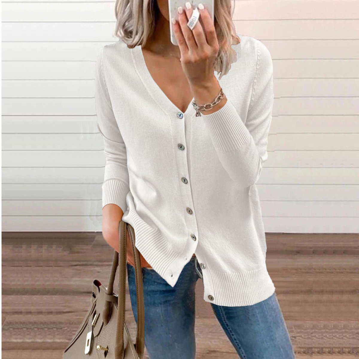 Women's V-Neck Button-Front Long Sleeve Knit Cardigan