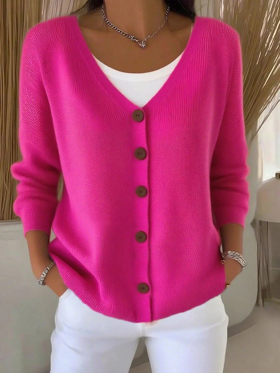 Women's V-Neck Button-Front Long Sleeve Knit Sweater - Dusty Rose