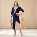 Women's V-Neck Formal Dress 3/4 Sleeve Color-Block Midi