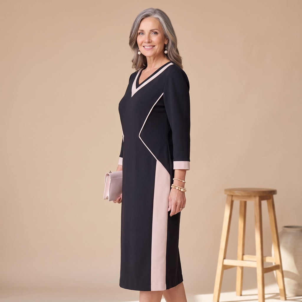 Women's V-Neck Formal Dress 3/4 Sleeve Color-Block Midi