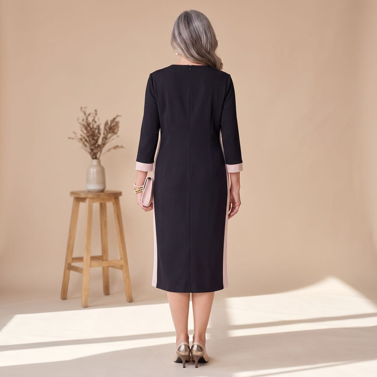 Women's V-Neck Formal Dress 3/4 Sleeve Color-Block Midi