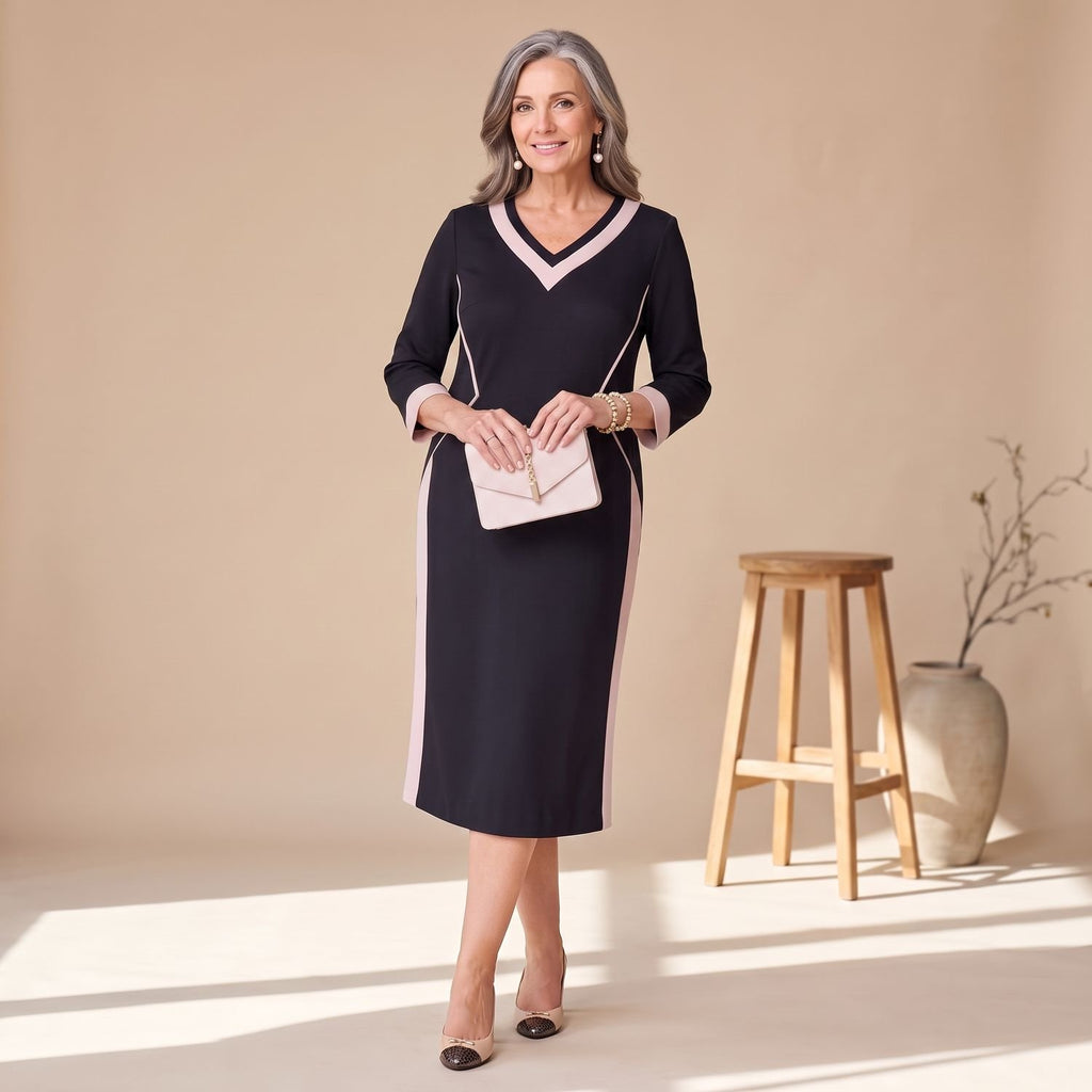 Women's V-Neck Formal Dress 3/4 Sleeve Color-Block Midi