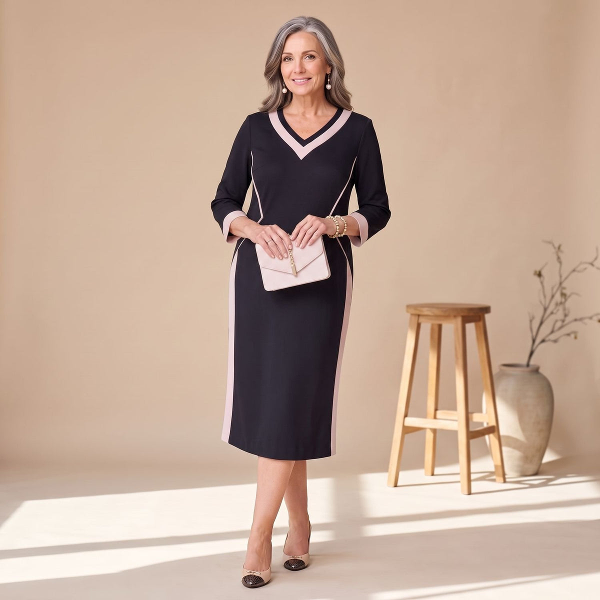 Women's V-Neck Formal Dress 3/4 Sleeve Color-Block Midi