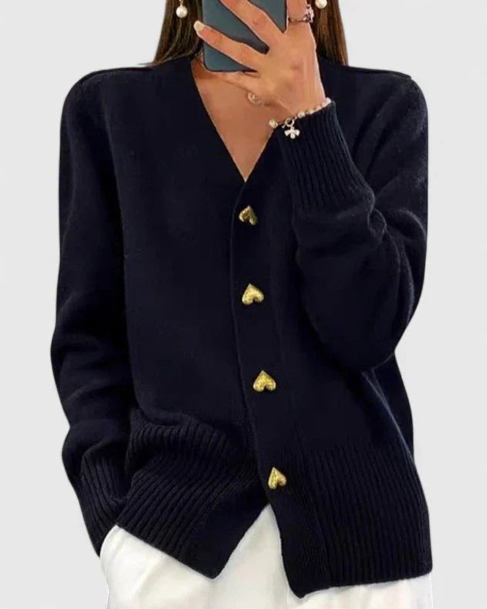 Women's V-Neck Gold Heart-Button Knit Cardigan Sweater - Black