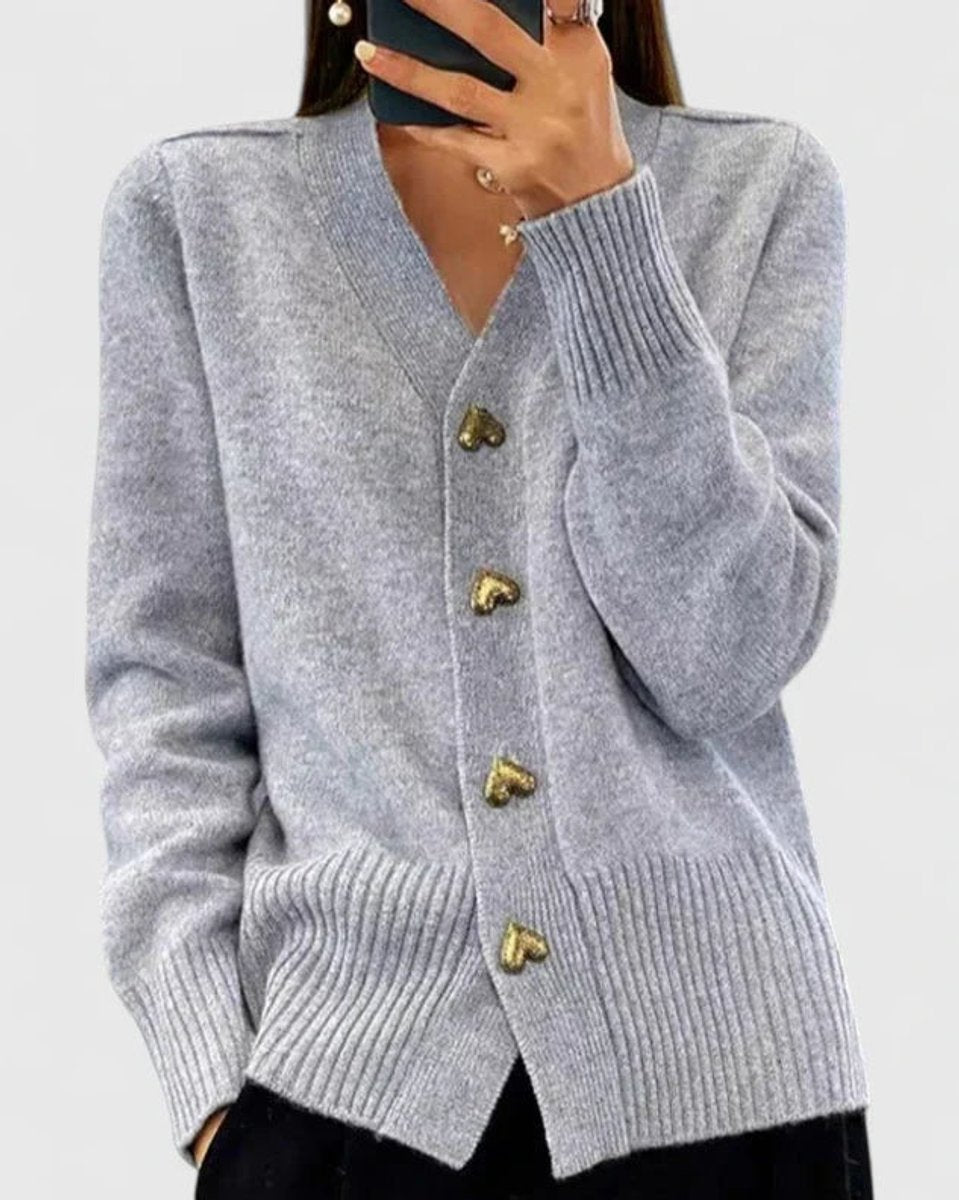 Women's V-Neck Gold Heart-Button Knit Cardigan Sweater - Gray